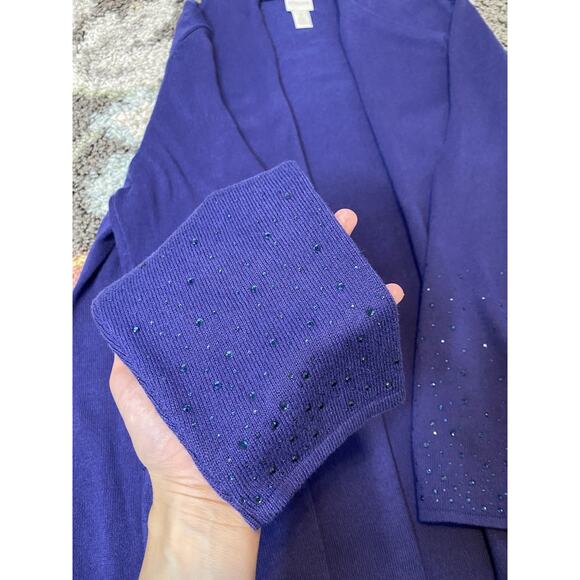 Chicos Longline Cardigan Size 3 (XL) Purple Knit Beaded Sleeves Duster Pockets - Picture 3 of 11